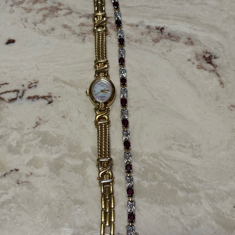 Gold Watch and Garnet Bracelet Set